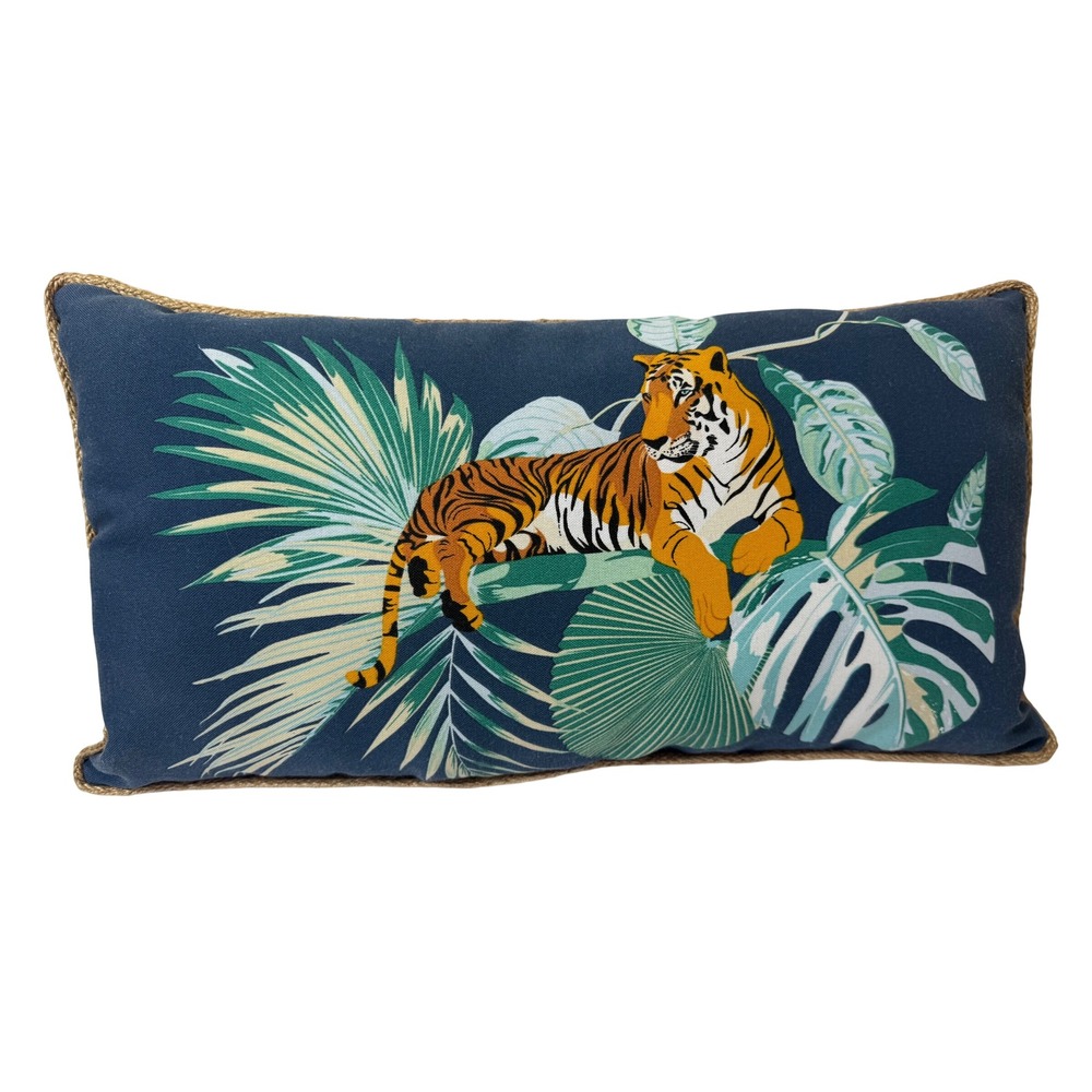 Allen + Roth Bengal Tiger Tropical Palm Lumbar Pillow Navy‎ Blue Jute Trim 20x11